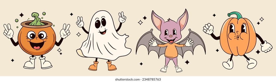 Set of grooby retro halloween characters. Vector illustration.
