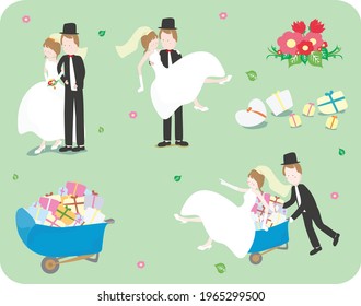 set of groom and bride cartoon in a wedding for invitation or souvenir, groom holding the bride,  groom pushes the bride cart, cart of flower vector