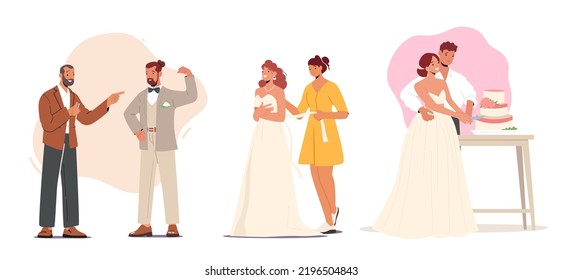 Set Groom and Bride Marriage, Man or Woman Prepare for Wedding Ceremony, Fitting Dress, Posing. Happy Newlyweds Couple Cut Festive Cake. Joyful Characters Celebrate. Cartoon People Vector Illustration