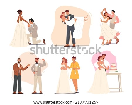 Set Groom and Bride Wedding Ceremony, Man Carry Woman on Hands, Kiss Hand, Couple Dance and Cut Cake Together. Happy Newlywed Characters Celebrate in Festive Costumes. Cartoon Vector Illustration