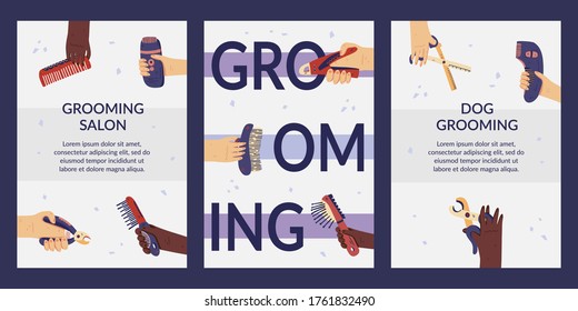 Set of grooming cards templates flat vector illustration. Web banners with groomer hands and tools for pet care salon advertising. For social network posts and stories, promo poster, coupon.