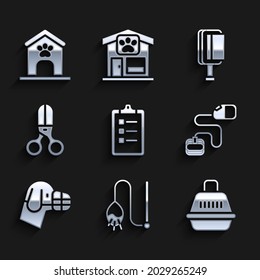 Set Grooming salon price list, Pet cat toy, carry case, Retractable cord leash, Dog muzzle, Scissors hairdresser, Hair brush for dog and and house paw print icon. Vector