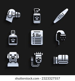Set Grooming salon price list, Hair clipper pet, Towel stack, Pet shower, Dog, medicine bottle, Nail file and muzzle icon. Vector