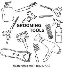 Un conjunto de herramientas de preparación para mascotas. Contiene iconos como el grooming, el lavado, el corte de uñas y más. Ilustración vectorial blanca y negra aislada en fondo blanco.
