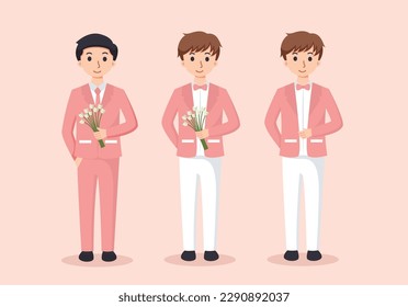 set of groomsmen wedding man in suit cartoon vector illustration