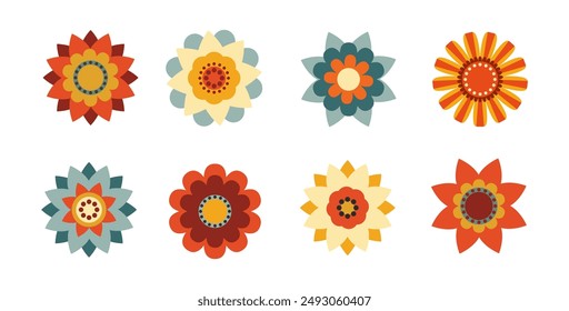 Set of groove flowers in 70s style. Vintage floral collection.	