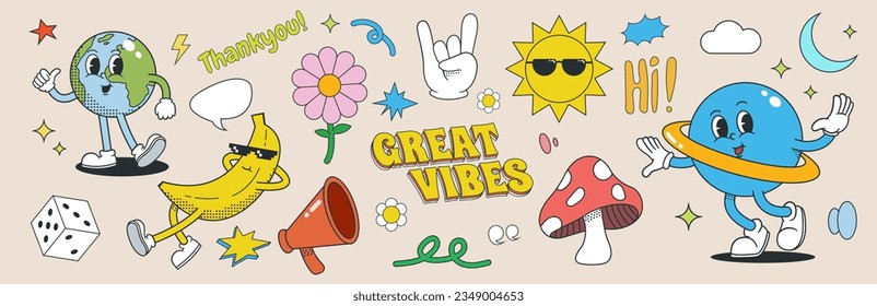 Set of groovy 70s characters and elements. vintage sticker collection, sun, flower, planet, earth, banana, mushroom, dice, cloud and abstract shape. vector illustration