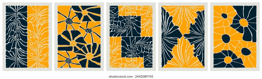 Set groovy abstract flower poster, Minimal floral art prints Matisse inspired, Organic doodle shapes in trendy naive retro style, Funky botanic vector illustrations in yellow colors