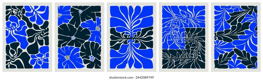 Póster de flores abstracto estupendo, estampados de arte floral minimalista Matisse inspirado, formas de garabato orgánico en estilo retro naive de moda, ilustraciones de vector botánico Funky en colores azules,