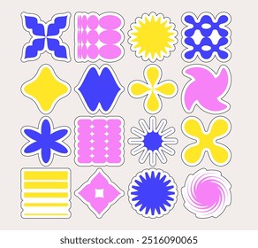 Set of groovy abstract stickers in neo brutalism style. Playful neon geometric shapes. Retro badges in y2k style. Cartoon flat vector collection isolated