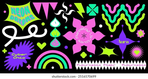 Set of groovy abstract stickers in neon y2k brutalism style. Playful geometric shapes, trendy short inscriptions and quotes. Retro badges in 90s style. Cartoon flat vector collection isolated