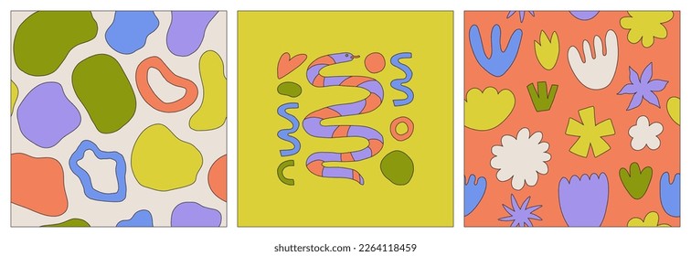 Set of groovy backgrounds. Cute template for design.  Retro print with hippie elements. Vector poster for cards, posters, t-shirts, etc. 