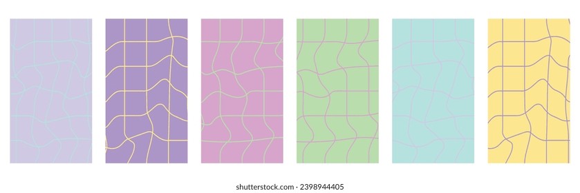 Set of groovy backgrounds. Y2k aesthetic waves, swirl, spiral ray, chess. Trendy vector texture in retro psychedelic style. Hippie 70s