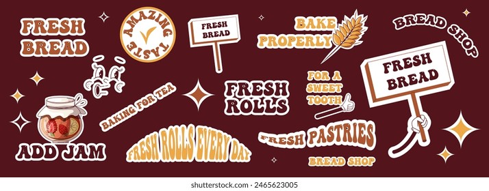 A set of groovy bakery stickers.Unusual bakery stickers with catchy phrases and illustrations for bread.