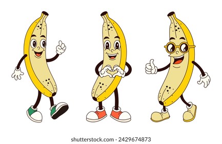 Conjunto de plátanos geniales. Ilustración vectorial retro