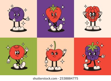 Set von groovy Beeren Zeichen. Erdbeeren, Kirschen, Brombeeren, Heidelbeeren, Himbeeren, Preiselbeeren. Flache Vektorgrafik.