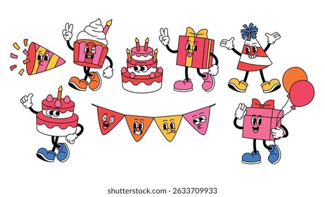Set of groovy birthday party retro mascot character, party popper, cupcake, birthday cake, gift box, party hat, birthday cake with candle walking, bunting with faces, pink present hold balloon vector