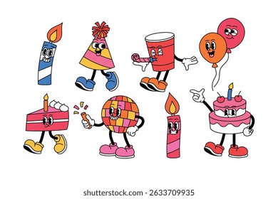 Set of groovy birthday party retro mascot character, funny candle, party hat walking, red party cup with party blower, balloon, slice of cake, disco ball, birthday cake with candle pointing finger