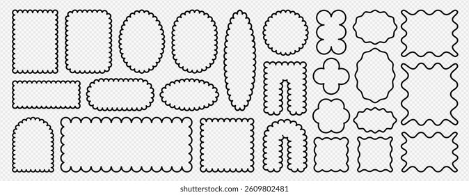 Set of groovy brutalist shape including psychedelic y2k squiggle frame, circle, flower sticker, floral label, sun and doodle text message box with wavy zigzag edge forming a vibrant silhouette pattern