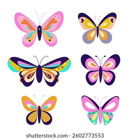 SEt of groovy btterfly flat vector style boho butterflies