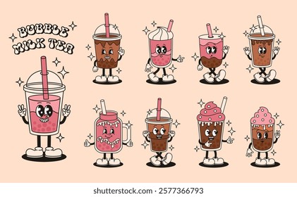 Set of groovy bubble milk tea characters. Drinks tea, coffee, juice. Flat vector illustration.