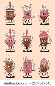 Set of groovy bubble milk tea characters. Flat vector illustration.