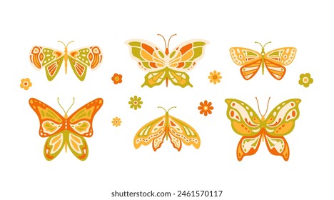 Set of groovy butterflies and simple flowers in retro colors. Vintage abstract hand drawn insects. Vector illustration in seventies style. Elements for summer, hippie, peace childish designs. 