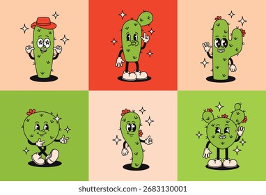 A set of groovy cactus characters in retro style. Flat vector illustration.