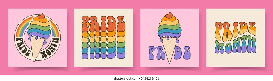 Set of groovy cards for Pride Month. Vector cards with retro rainbow flag colored elements. Symbols of Pride Month with LGBTQ Flag Colours. Gay parade groovy celebration. Tolerance and freedom concept