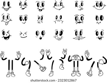 Set Of Groovy cartoon characters funny happy emoji with eyes and smile. Groovy Vintage cartoon hands in gloves and feet in shoes. Cute animation character body parts.