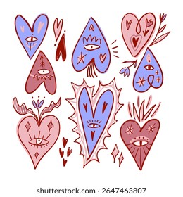 Set of groovy cartoon hand sketched doodle sacred hearts with eyes and floral elements couple mystical boho hippie drawn sketchy handmade blossom flowers heart cartoon vintage style illustration