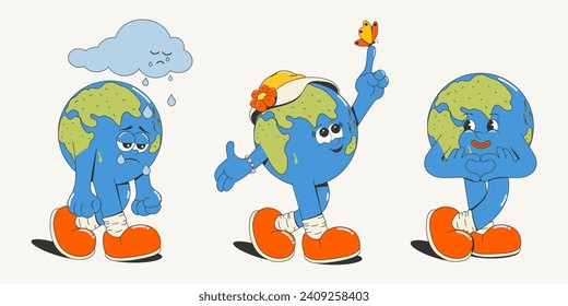 A set of groovy cartoon planet earth with different emotions: joy and sadness, isolated on a white background. Earth Day. Environmental problems, taking care of nature. Vector illustration.