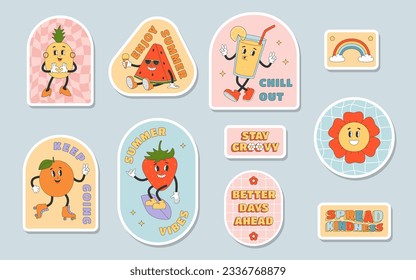 Set of groovy cartoon stickers. Flower, orange, strawberry, watermelon, pineapple, rainbow. Sticker pack in trendy y2k retro style. Isolated vector illustration. 