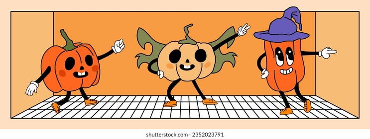 Set of groovy cartoon style pumpkin characters that dancing. Happy Halloween illustration. Pumpkin on the dance floor. Retro style Jack O`Lantern. Anthropomorphic pumpkin character with arms, legs