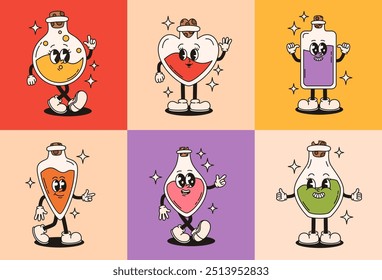Conjunto de personajes de botellas con pociones mágicas. Ilustración vectorial plana.