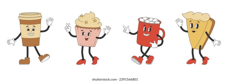 Set of groovy characters for cafe and confectionery. Cartoon coffee, cocoa, cupcake and cheesecake in trendy retro style.. Isolated vector illustration