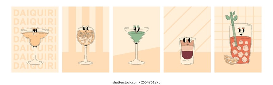 Set groovy characters cocktails with emotion. Retro summer posters with popular alcoholic beverage and empty space. Vintage vector illustration