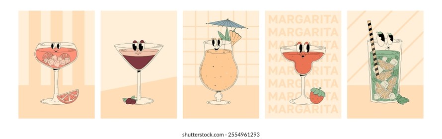 Set groovy characters cocktails with emotion. Retro summer posters with popular alcoholic beverage and empty space. Vintage vector illustration