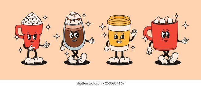 Set of groovy characters cups with drinks. Cappuccino, latte, espresso, cocoa. Vector flat illustration.