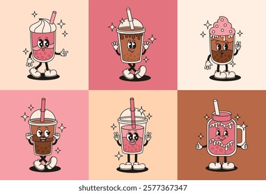 Set of groovy characters drinks bubble milk tea. Flat vector illustration.