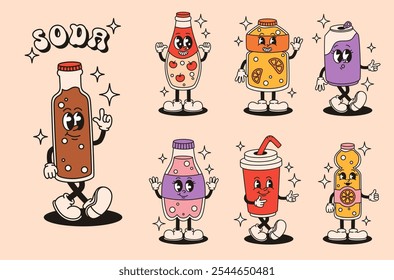 Set of groovy characters drinks soda. Flat vector illustration.