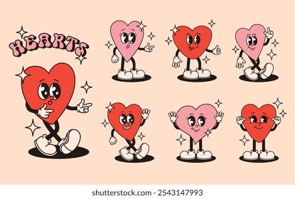 Set of groovy characters red and pink hearts. Image for Valentine's Day. Flat vector illustration.