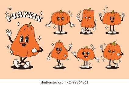 Conjunto de personajes groovy en estilo retro. Imagen de diferentes calabazas. Ilustración vectorial plana.