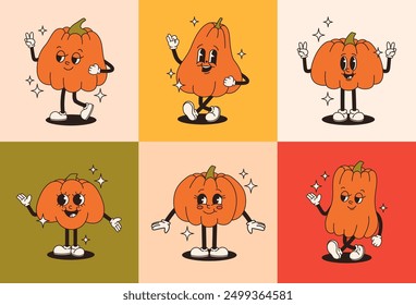Set of groovy characters in retro style. Picture of pumpkins. Flat vector illustration.