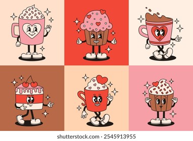 Set of groovy characters of sweets and cups of hot chocolate. Flat vector illustration.