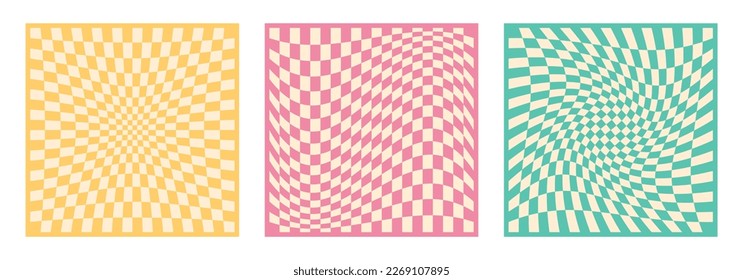 Set of groovy checkered backgrounds. Retro 60s 70s psychedelic funky cover design. Abstract square posters in Y2K style. Vector wallpaper collection for print templates or textile.