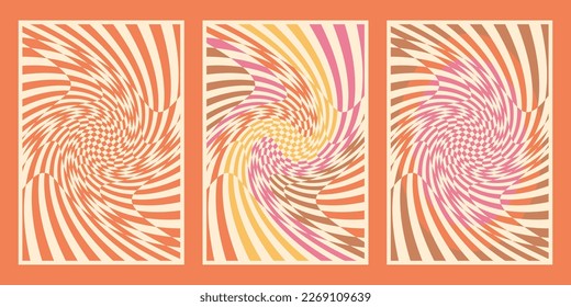 Set of groovy checkered backgrounds. Retro 60s 70s hippy cover design. Abstract orange posters in Y2K style. Vector wallpaper collection for print templates or textile.
