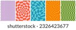 Set of Groovy Checkered Patterns. Psychedelic Geometric Background. Vector Y2k Swirl Illustration