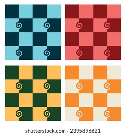Satz von groovy karierten nahtlosen Mustern mit einem Trichter, grün, gelb, blau und rosa Quadrate Vintage Wiederholungshintergründe. Retro-Muster mit Gitterfliesen. Vektorgrafik