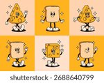 Set of groovy cheese and bread characters in retro style. Flat vector illustration.